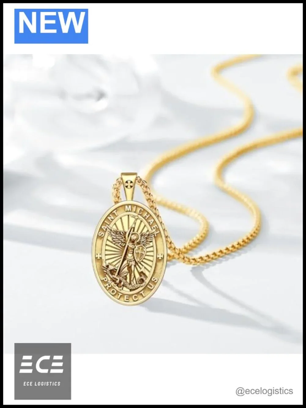 St Michael Pendant Necklace 18K Gold Plated S925 Sterling Silver 22in